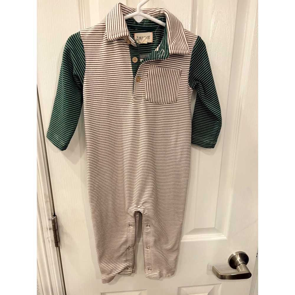 Me & Henry Romper Green Brown Striped Polo Collar Long Sleeve One Piece 12/18M